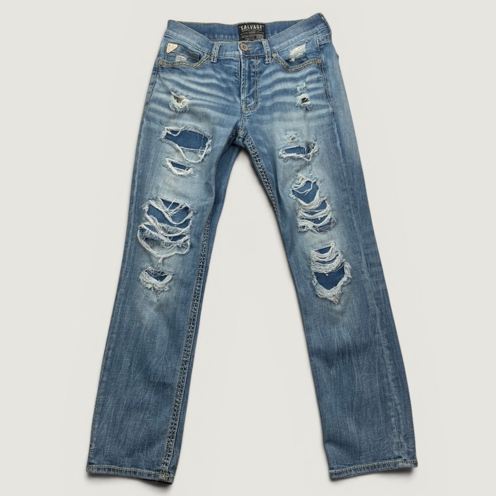 Salvage Men 32x32 (32x31) Mayhem Straight Jeans Blue Distressed Buckle Exclusive
